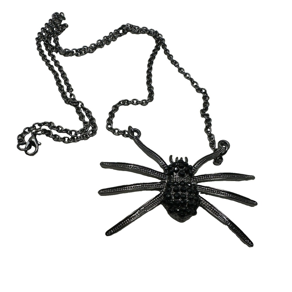 Scary Black Jewel Spider Necklace Perfect For Halloween or Gothic Dress 32"Chain